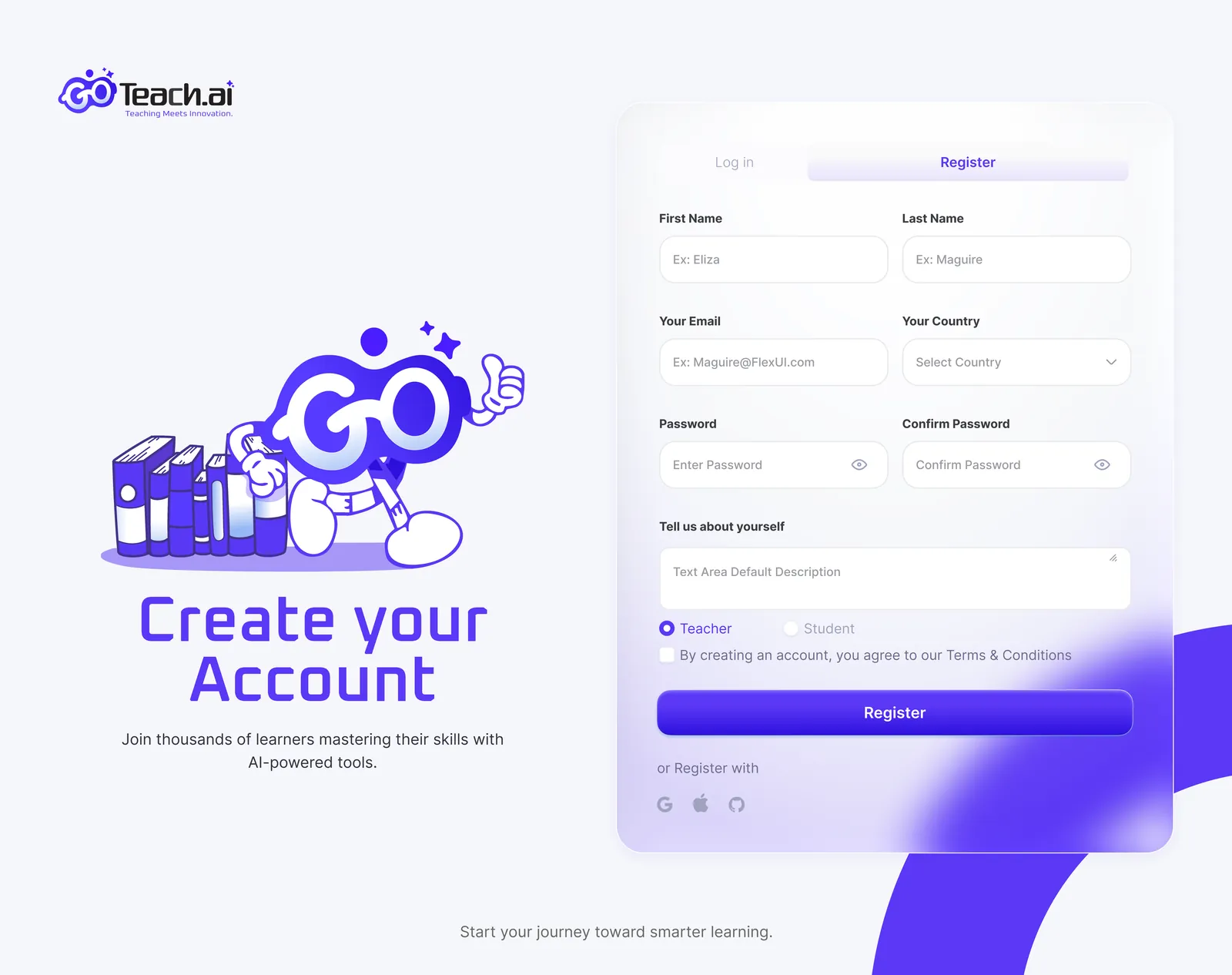 GoTeach.ai sign-in and registration flows with account-type toggle (1 of 2)