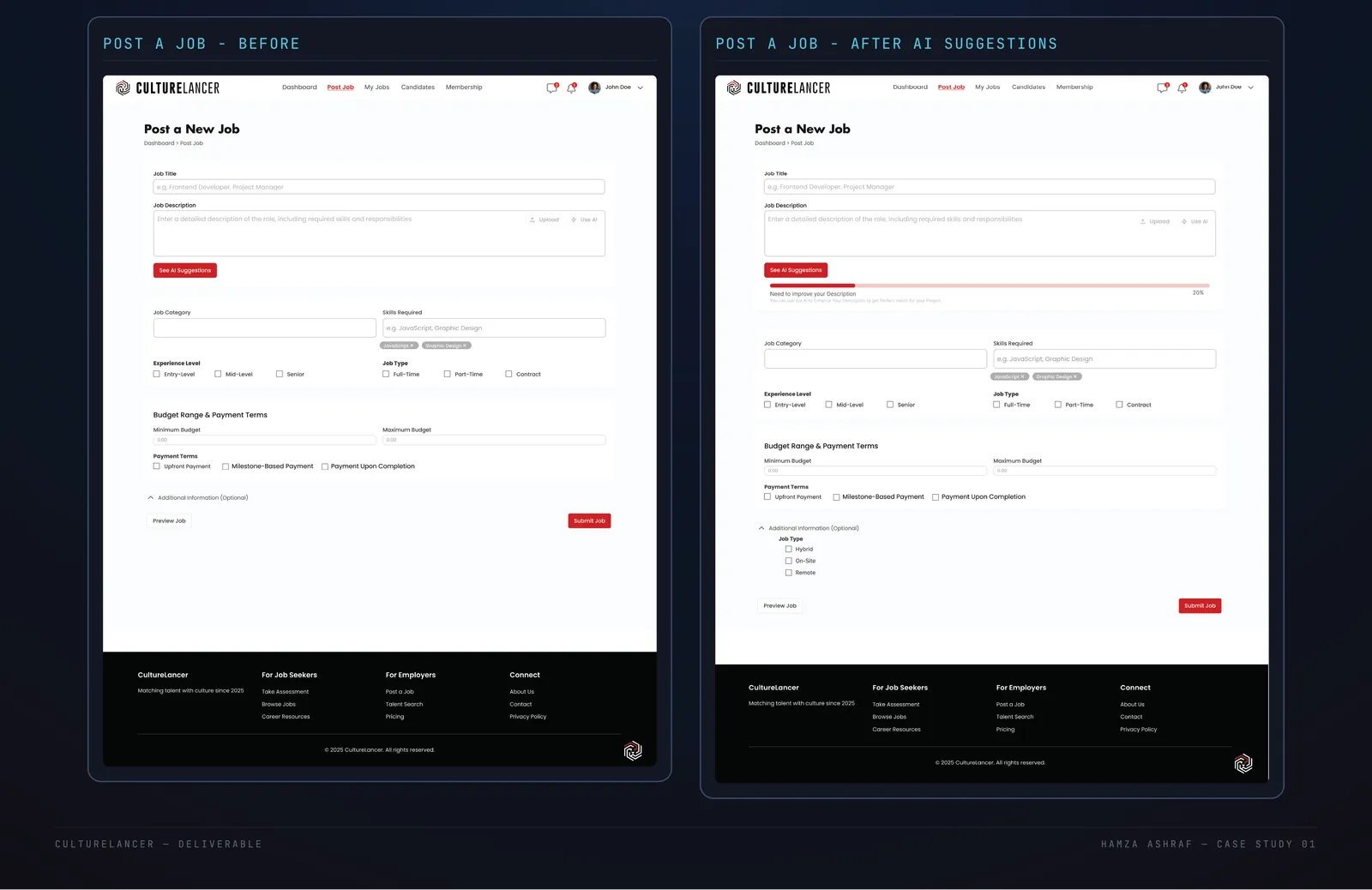 CultureLancer post a job form, shown before and after AI description suggestions