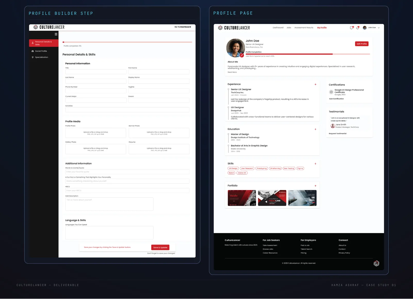 CultureLancer job seeker profile builder step and the finished profile page