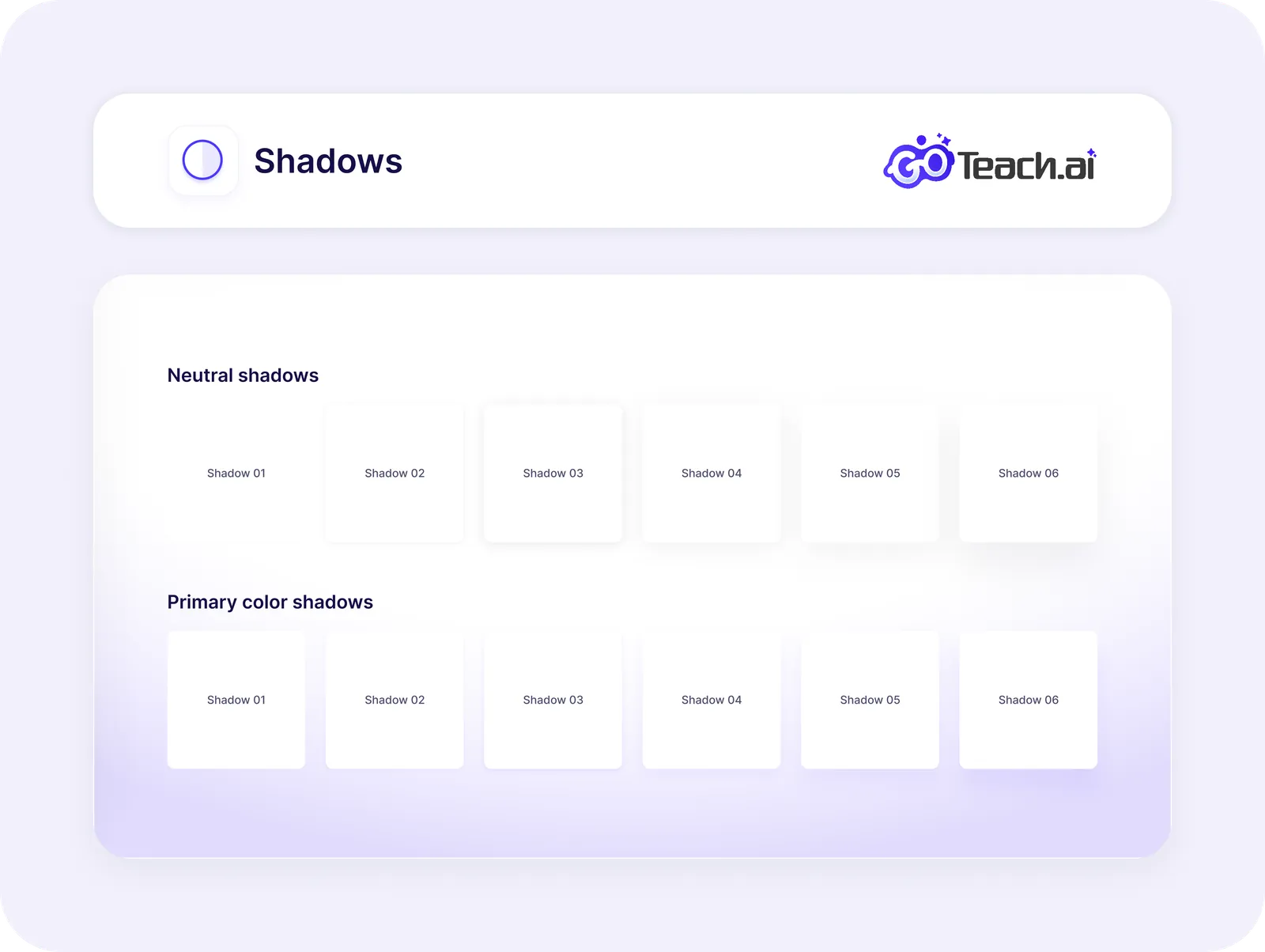 GoTeach.ai shadow system in neutral and primary-colour ramps