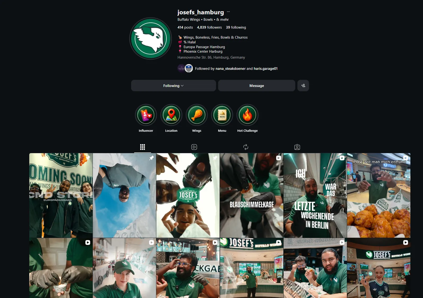 Josef's Buffalo Wings Instagram profile and content grid